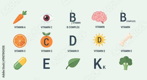 Vitamins A, B, C, D, E, K Icons: Health, Nutrition, Diet, Healthy Lifestyle
