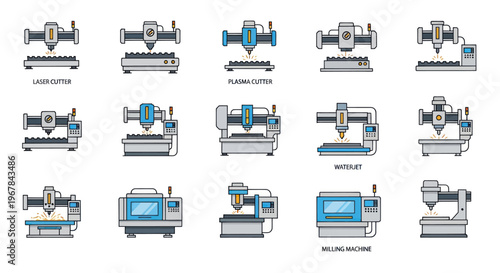 Set of CNC machines, industrial equipment, manufacturing technology illustrations