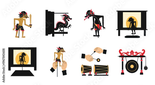 Indonesian Wayang Kulit Shadow Puppets and Gamelan Music Icons