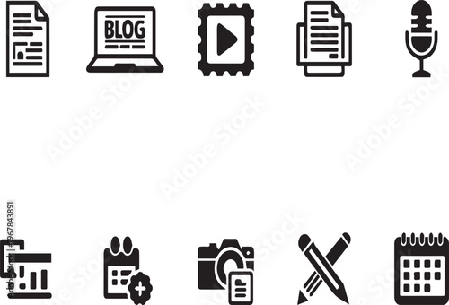 Black silhouette icons of blogging and content creation on transparent background