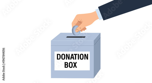 Hand dropping coin into donation box, concept of charity, giving, and fundraising
