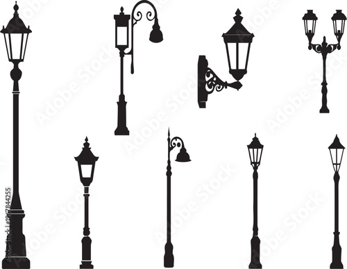 Collection of street lamp silhouettes on transparent background for design