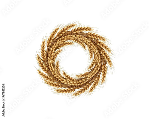 Stylized golden wheat ears form a graceful circular vector illustration, embodying harvest, agriculture, and natural abundance with a clean, organic graphic design.