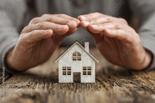 Investment security concept with hands protecting house model on wooden surface, symbolizing home protection and safety in real estate