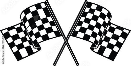 crossed racing flags icon, checkered flag symbol, motorsport finish sign, speed competition graphic, race winner emblem, black white design, flat vector illustration