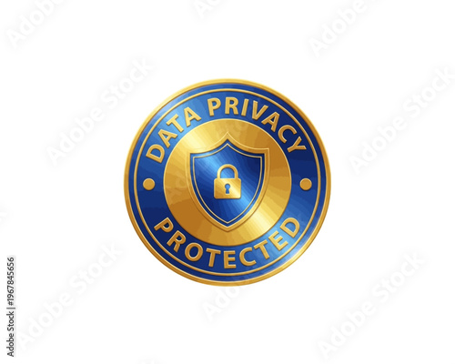 A vibrant blue and gold vector graphic illustration displaying a data privacy protected badge with a prominent shield and padlock icon.