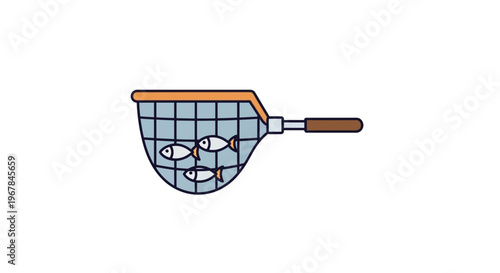 Fishing net with small fish inside, simple flat illustration