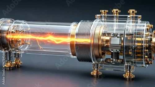 A glowing glass and gold Tesla coil sparks on a dark surface  (41)