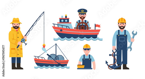 Fishermen, Sailors, Mechanics: Maritime Professions Vector Set