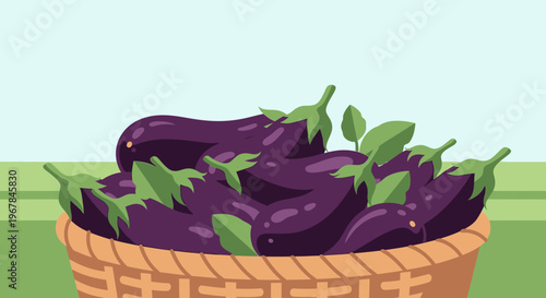 Fresh Eggplants in Wicker Basket - Healthy Vegetable Harvest