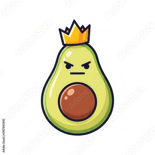 A flat cartoon illustration of a halved avocado wearing a gold crown with a grumpy, angry facial expression.