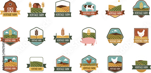 Farm and Agriculture Icon Set Featuring Barn, Tractor, Livestock, Crops, Fields and Rural Farming Elements Vector Illustration Collection