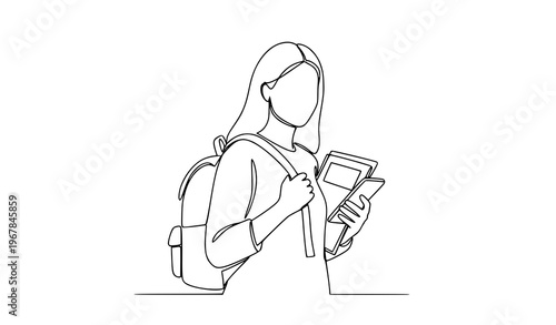 Continuous one line college student woman with backpack mobile university vector illustration isolated on white background