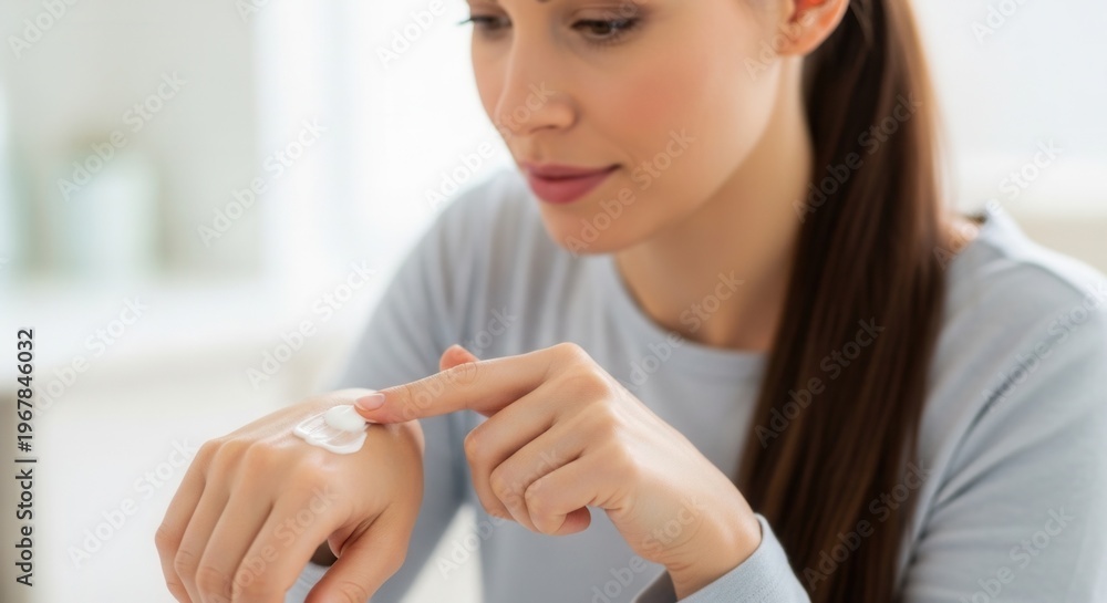 Fototapeta premium A young woman with a ponytail gently applying moisturizing lotion to her hand in a bright, minimalist setting.