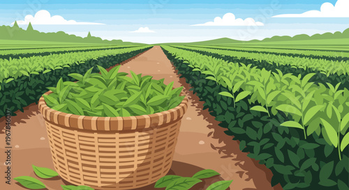 Fresh Tea Leaves in Basket on Plantation Field, Organic Agriculture, Rural Landscape