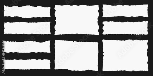 Nine torn paper rectangles arranged in a grid on a black background