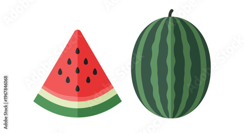 Fresh Watermelon Slice and Whole Fruit, Flat Design Vector Illustration