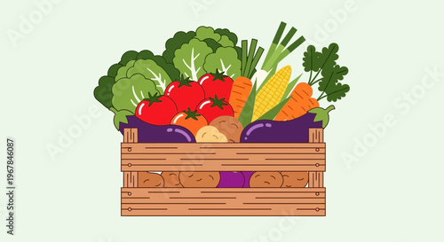 Fresh Vegetables in Wooden Crate: Healthy Food Illustration