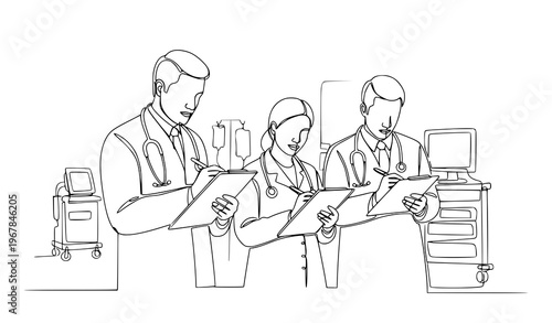 Doctors taking notes in hospital continuous line art vector illustration isolated on white background