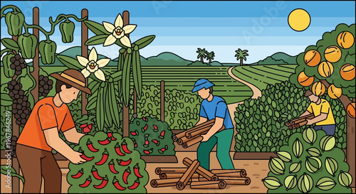 Gardeners Harvesting Chili Peppers and Gathering Wood