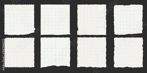 Six torn pieces of lined paper arranged on a black background