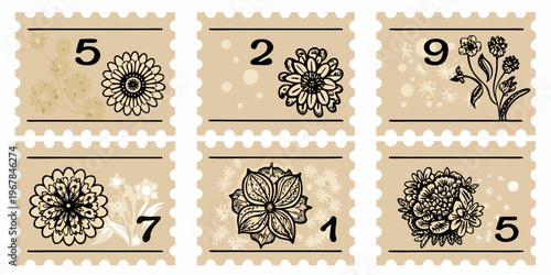 Vintage postage stamps with floral designs and numerical markings