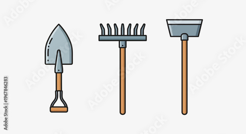 Gardening Tools Set: Shovel, Rake, and Dustpan - Flat Illustration