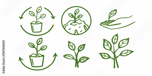Doodle set depicting plant growth recycling and nurturing nature