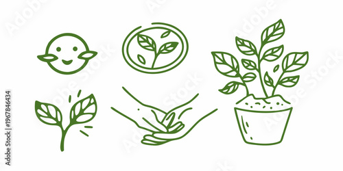 Sketch illustrations depict plant growth stages from seed to mature plant