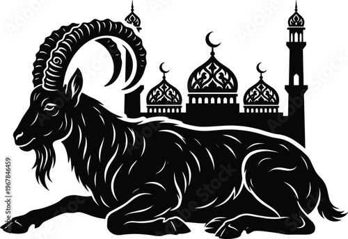 Eid al Adha goat silhouette with mosque background, Islamic festival sacrifice symbol, Ramadan Mubarak design, traditional culture, flat vector illustration