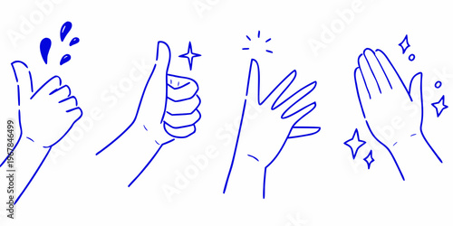 A collection of hand gestures including clapping thumbs up and pointing
