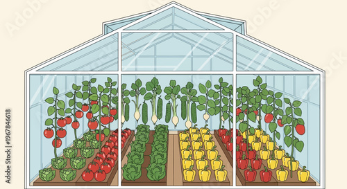 Greenhouse Garden with Tomatoes, Peppers, Cucumbers, and Lettuce