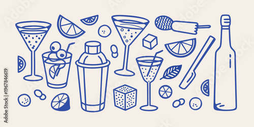 A collection of blue line drawn cocktail glasses ingredients and bar tools