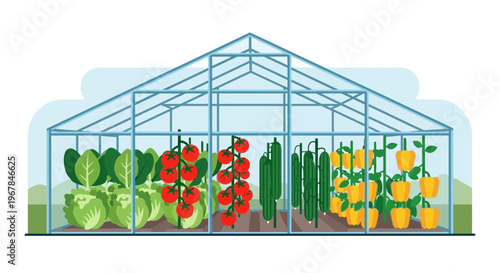 Greenhouse garden with fresh vegetables: tomatoes, lettuce, cucumbers, bell peppers.