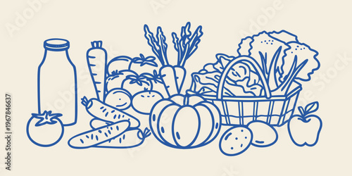 A colorful line drawing depicts a variety of fresh produce