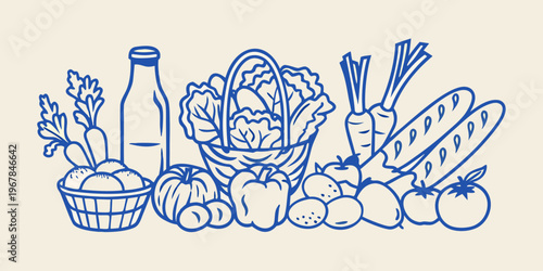 A colorful collection of fresh produce and baked bread in blue lines