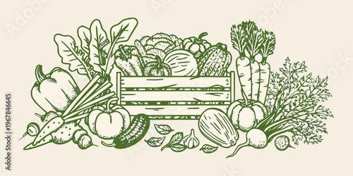 A bountiful harvest of fresh vegetables arranged in a wooden crate