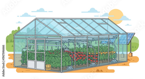 Greenhouse with solar panels, growing plants, modern agriculture, sustainable farming
