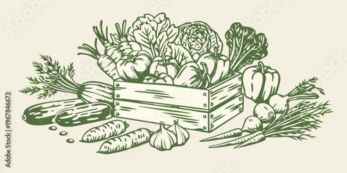 A wooden crate overflows with a bountiful harvest of fresh vegetables