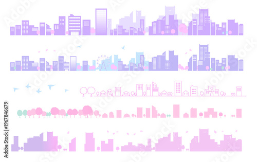桜とシンプルな街並みのシルエットイラストのセット　背景イラスト　線画