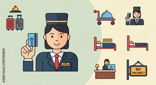 Hotel Service Icons: Concierge, Luggage, Room Service, Reception Desk, Bed