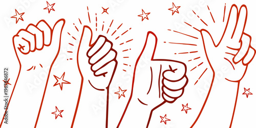 Hands making various signs with stars and celebratory sparkles