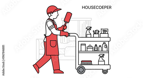 Housekeeper Pushing Cleaning Cart with Supplies in Hotel Room