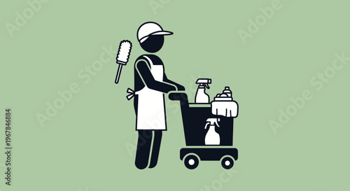 Housekeeper with Cleaning Cart and Supplies, Icon Style