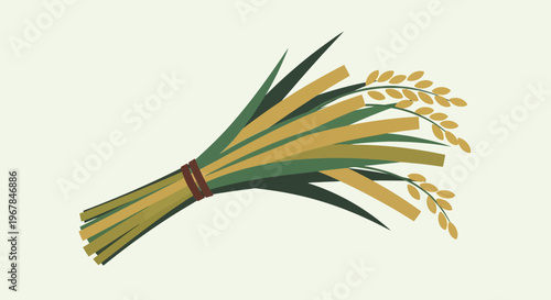 Illustration of a bundle of rice stalks with green leaves tied together