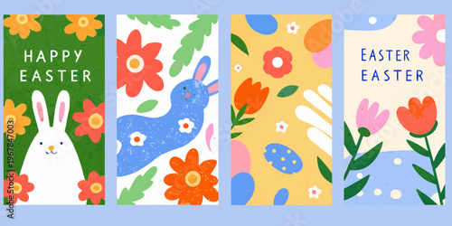Colorful easter banners with flowers rabbits and festive greetings