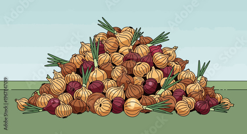 Large pile of fresh onions, yellow and red, with green sprouts, outdoor harvest