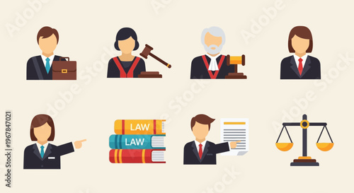 Law Icons Set: Judge, Lawyer, Law Books, Scales of Justice