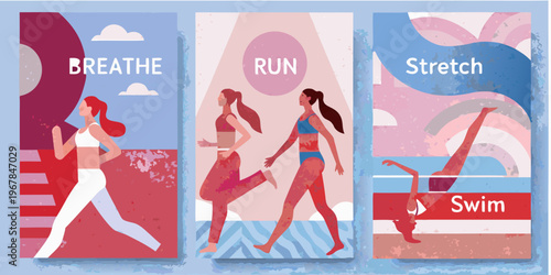 Fitness illustration featuring running stretching swimming and mindful breathing