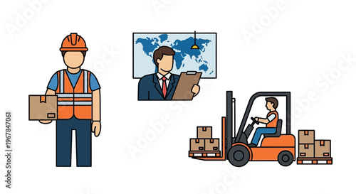 Logistics and supply chain management illustration with workers and forklift